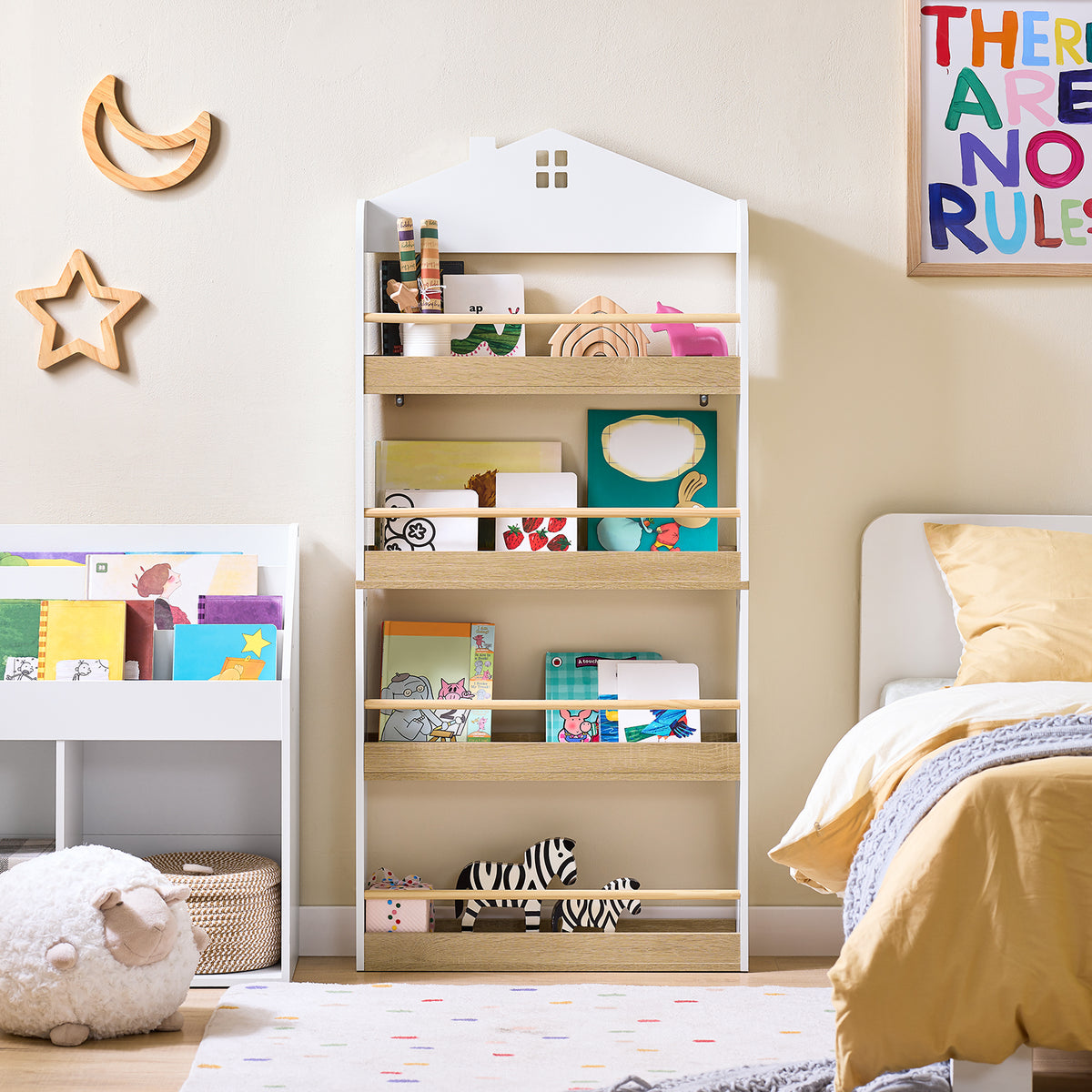 SoBuy KMB121-WN, Kids Bookshelf Children's Bookcase 4 Tier Book Storage Rack, Wall Bookshelf Toy Storage Unit for Nursery or Playroom Kids Bedroom Furniture White and Natural 60x15x130.5 cm