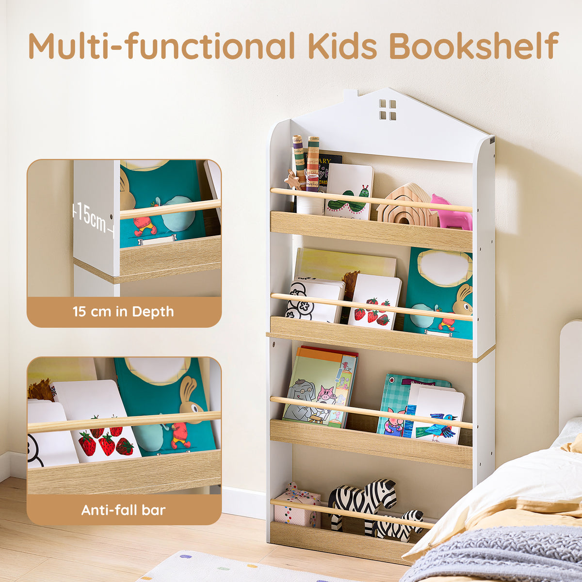 SoBuy KMB121-WN, Kids Bookshelf Children's Bookcase 4 Tier Book Storage Rack, Wall Bookshelf Toy Storage Unit for Nursery or Playroom Kids Bedroom Furniture White and Natural 60x15x130.5 cm
