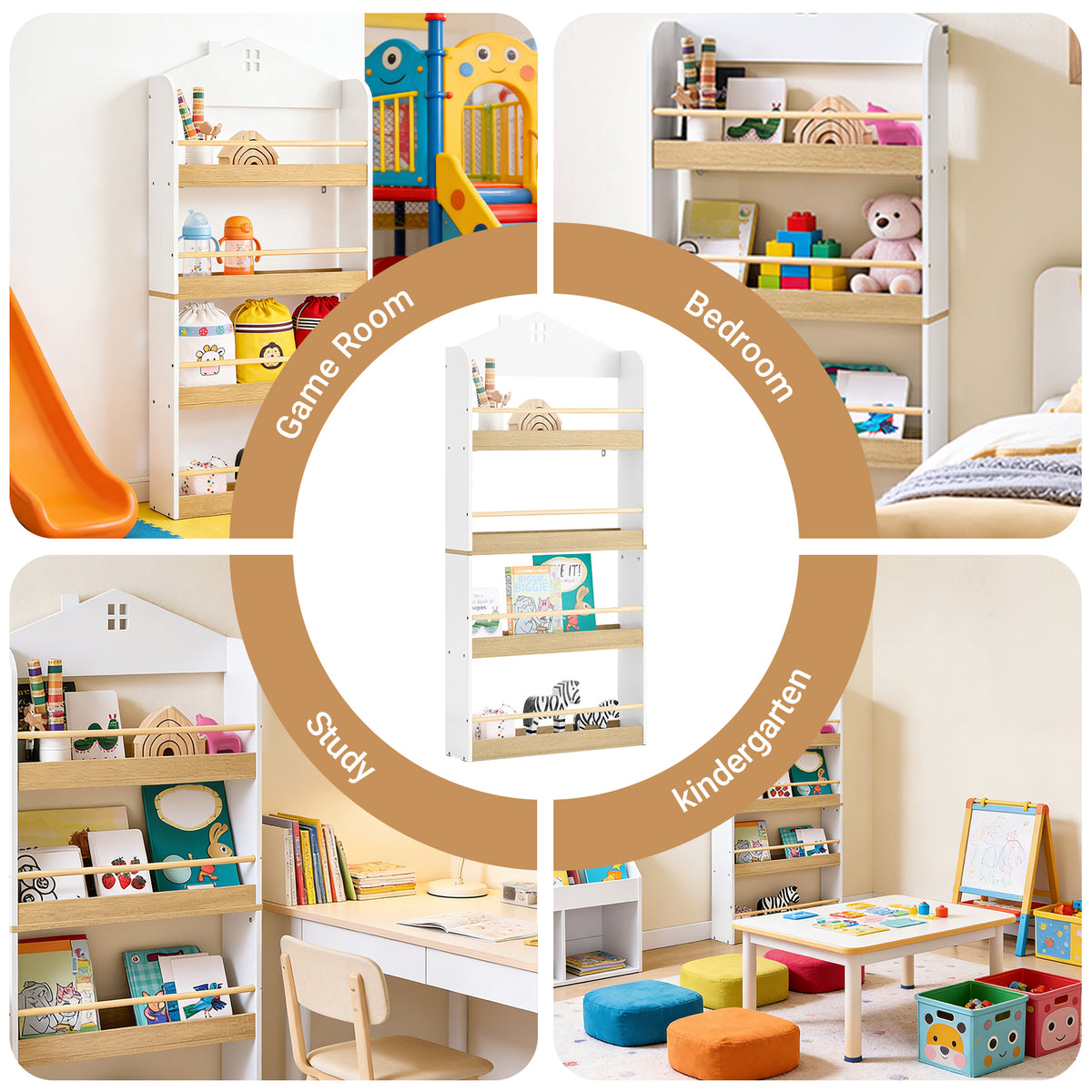 SoBuy KMB121-WN, Kids Bookshelf Children's Bookcase 4 Tier Book Storage Rack, Wall Bookshelf Toy Storage Unit for Nursery or Playroom Kids Bedroom Furniture White and Natural 60x15x130.5 cm