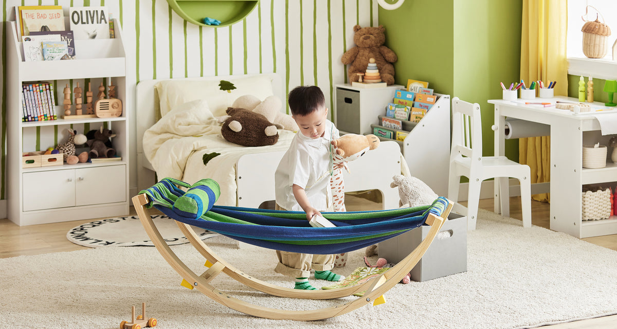 SoBuy KMB16-J, Kids Hammock with Stand, Kids Rocking Chair, Sensory Swing Indoor, Colourful Fabric Baby Hammock with Safety Catches 122x36x48cm