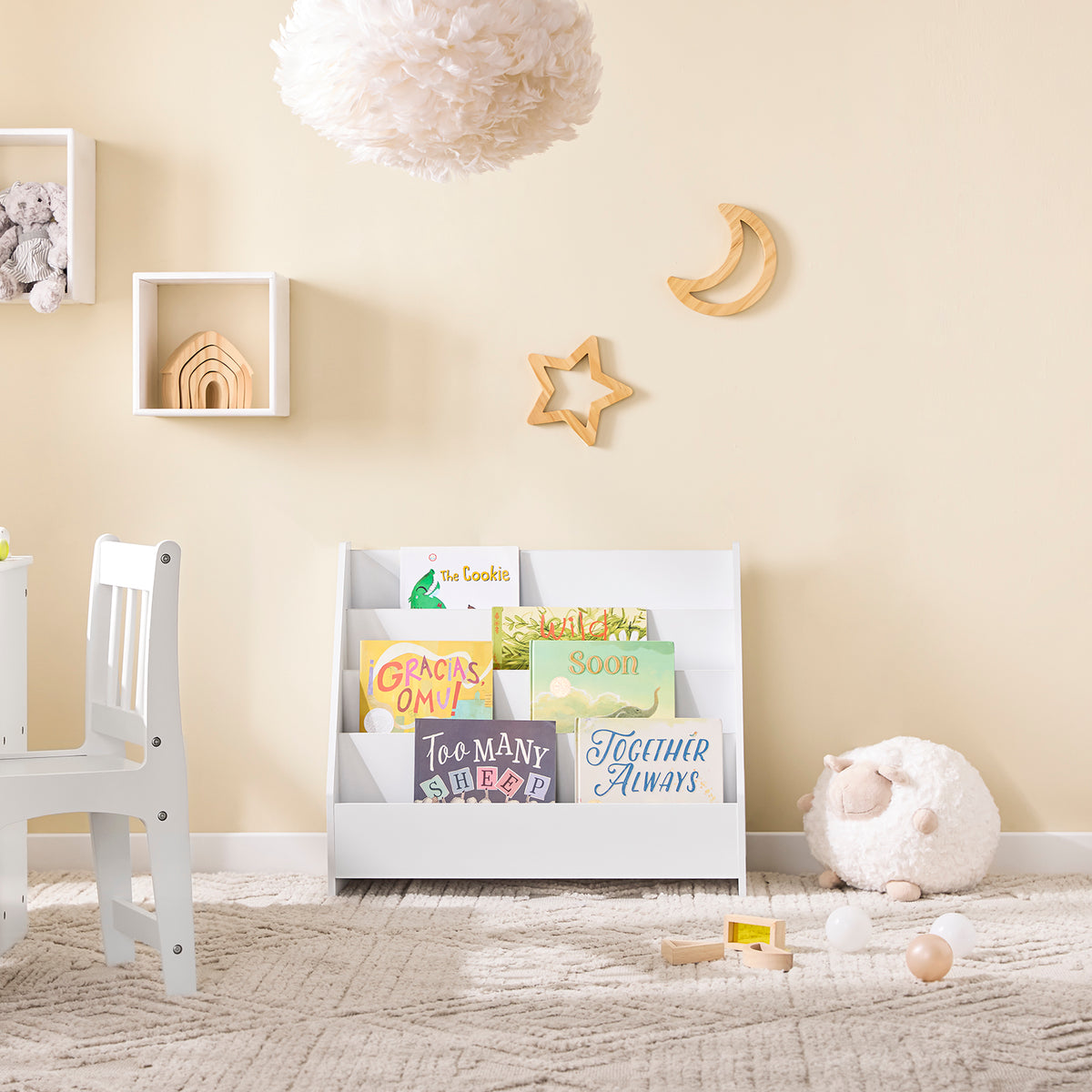 SoBuy KMB32-K-W, Children's Bookshelf Bookcase Children Kids Storage Shelf Rack with 4 Shelves and 1 Open Compartment Book Toy Organiser White W70 x D30 x H60cm