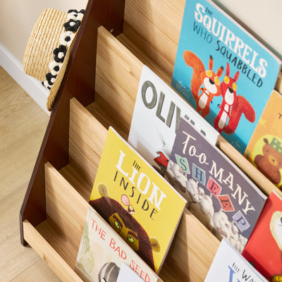 SoBuy KMB32-N, Kids Bookshelf Toy Storage Children's Bookcase with 4 Shelves and 2 hooks Baby Book Shelf Kids Book Storage Natural 91x30x89cm