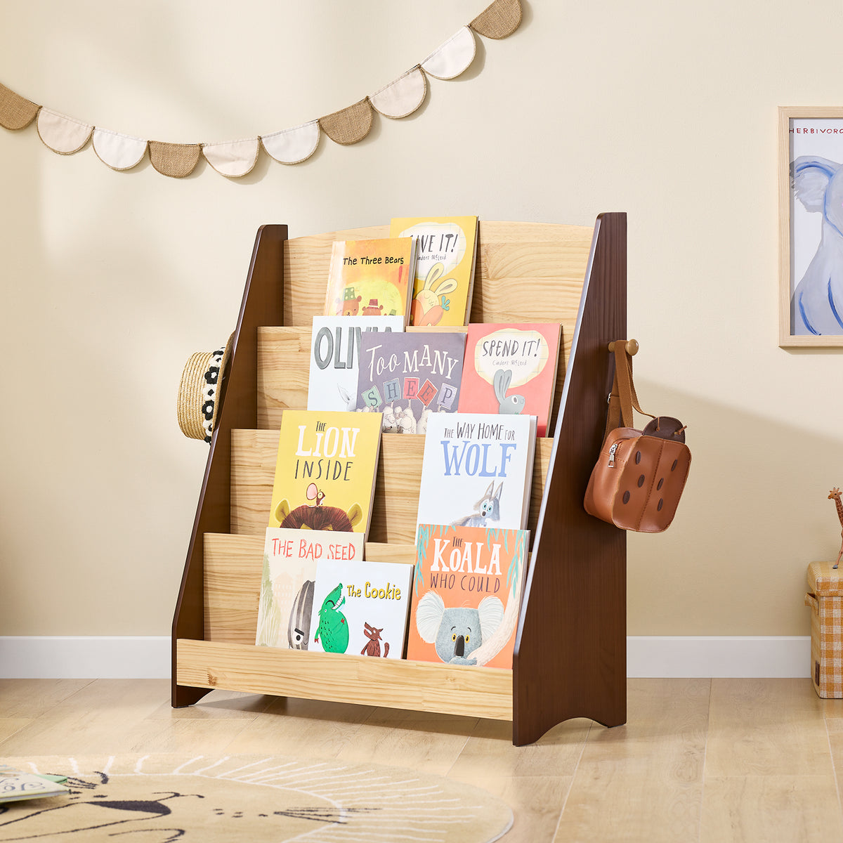 SoBuy KMB32-N, Kids Bookshelf Toy Storage Children's Bookcase with 4 Shelves and 2 hooks Baby Book Shelf Kids Book Storage Natural 91x30x89cm