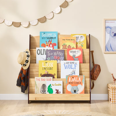 SoBuy KMB32-N, Kids Bookshelf Toy Storage Children's Bookcase with 4 Shelves and 2 hooks Baby Book Shelf Kids Book Storage Natural 91x30x89cm