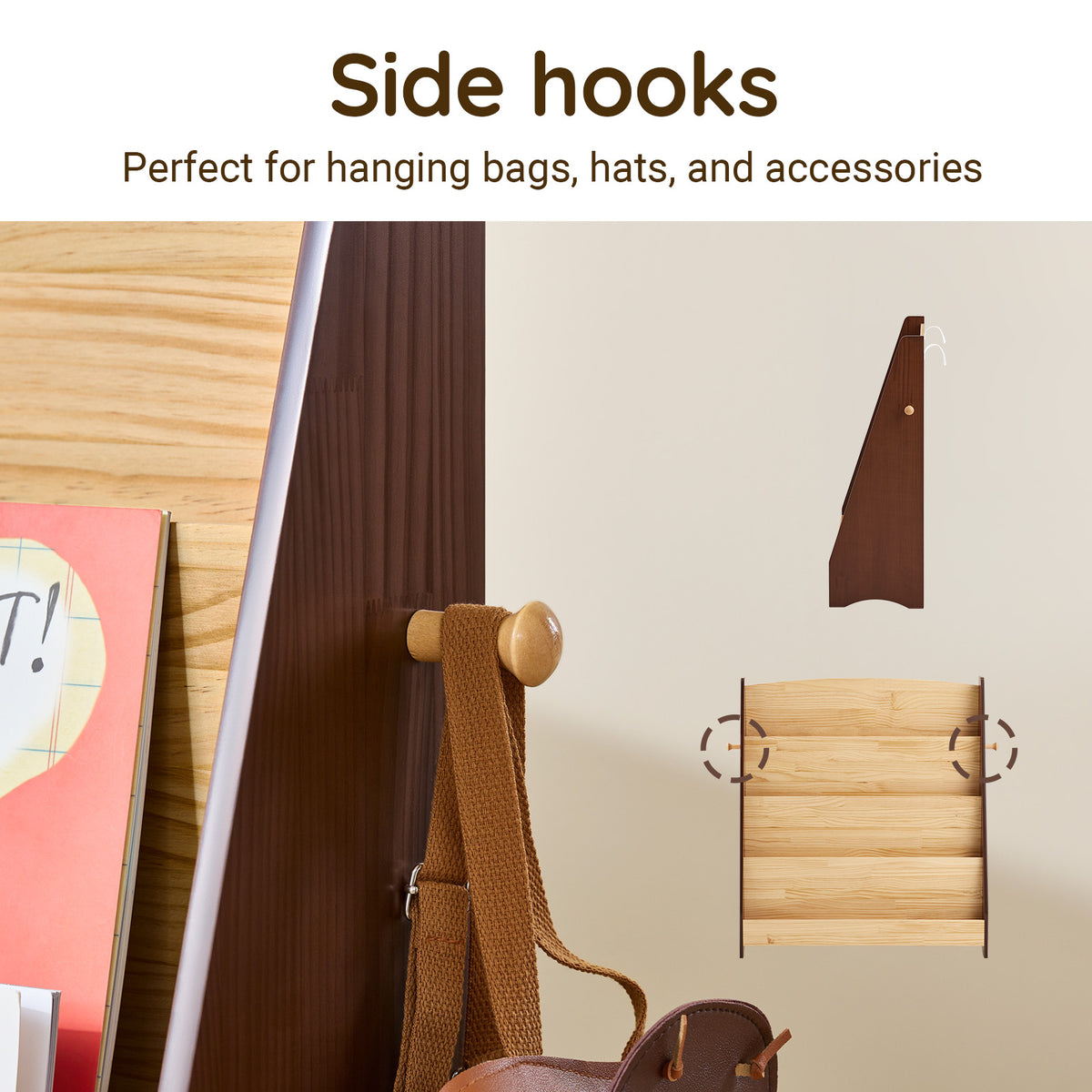 SoBuy KMB32-N, Kids Bookshelf Toy Storage Children's Bookcase with 4 Shelves and 2 hooks Baby Book Shelf Kids Book Storage Natural 91x30x89cm