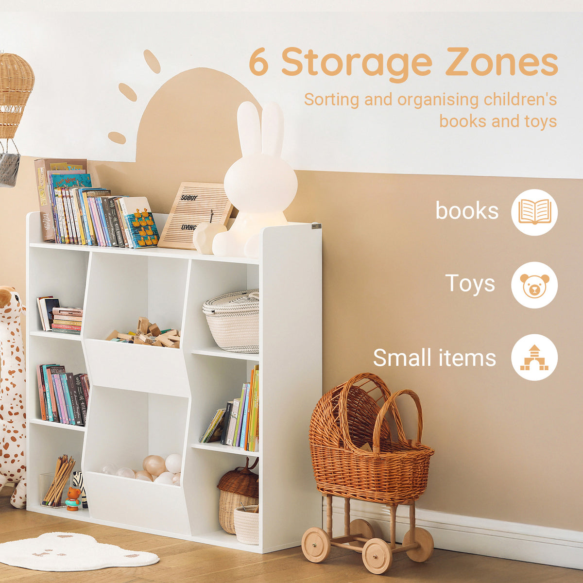 SoBuy KMB55-W, Kids Bookshelf and Toy Storage Unit with 8 Storage Compartments Children's Bookcase for Nursery Toddler Room Baby Book Shelf Kids Book Storage White 106x30x104 cm