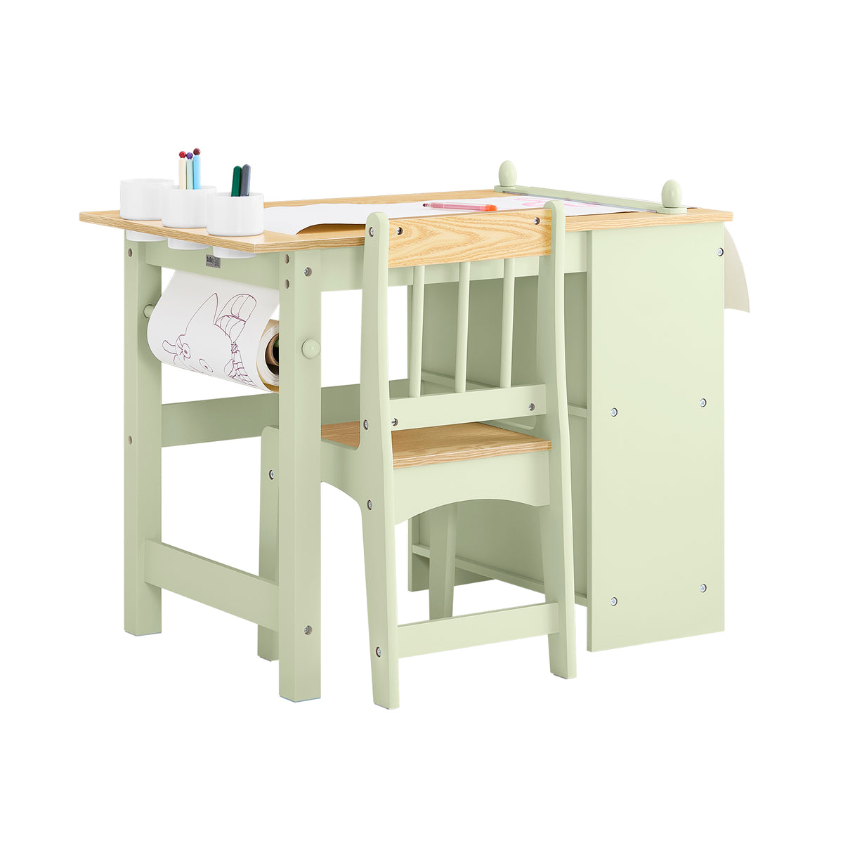 SoBuy KMB60-GR, Kids Desk and Chair Set Kids Study Table and Chair Set with 2 Storage Shelves and Paper Roll Holder Children's Desks for Drawing Arts and Crafts Green 80x50x66cm