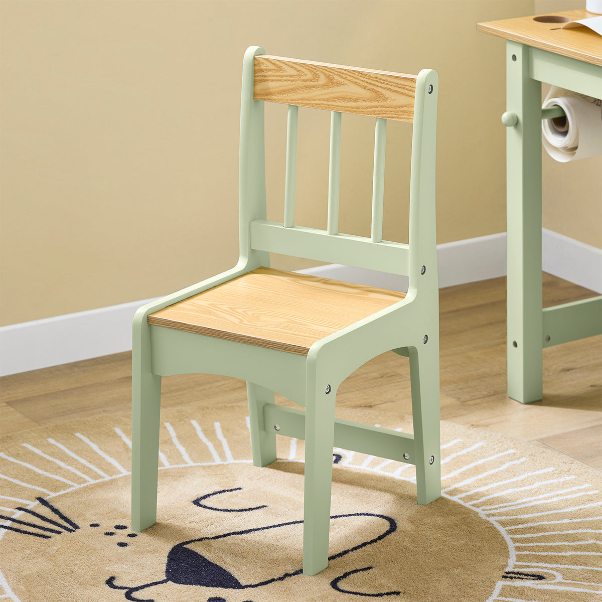 SoBuy KMB60-GR, Kids Desk and Chair Set Kids Study Table and Chair Set with 2 Storage Shelves and Paper Roll Holder Children's Desks for Drawing Arts and Crafts Green 80x50x66cm