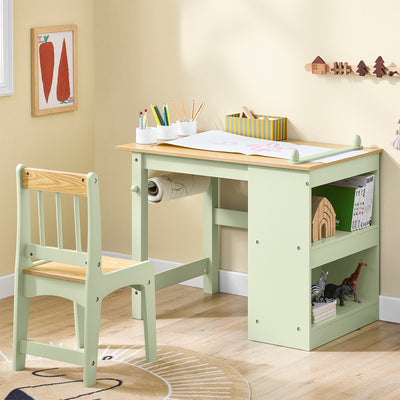 SoBuy KMB60-GR, Kids Desk and Chair Set Kids Study Table and Chair Set with 2 Storage Shelves and Paper Roll Holder Children's Desks for Drawing Arts and Crafts Green 80x50x66cm