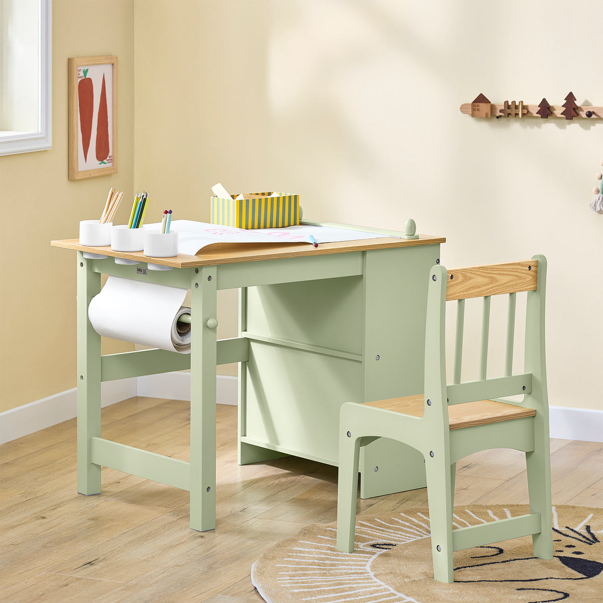 SoBuy KMB60-GR, Kids Desk and Chair Set Kids Study Table and Chair Set with 2 Storage Shelves and Paper Roll Holder Children's Desks for Drawing Arts and Crafts Green 80x50x66cm