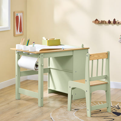 SoBuy KMB60-GR, Kids Desk and Chair Set Kids Study Table and Chair Set with 2 Storage Shelves and Paper Roll Holder Children's Desks for Drawing Arts and Crafts Green 80x50x66cm