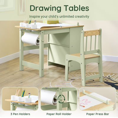 SoBuy KMB60-GR, Kids Desk and Chair Set Kids Study Table and Chair Set with 2 Storage Shelves and Paper Roll Holder Children's Desks for Drawing Arts and Crafts Green 80x50x66cm