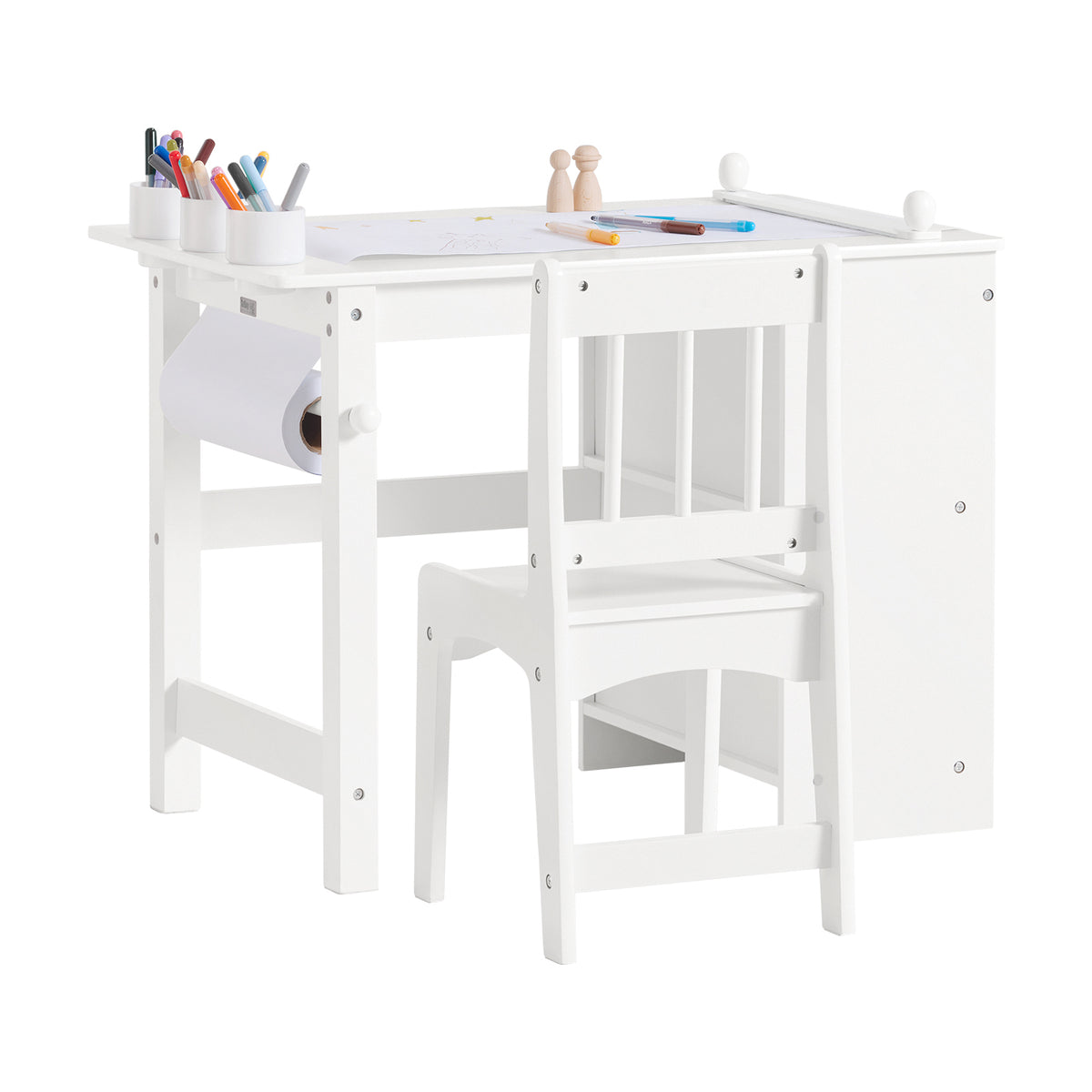 SoBuy KMB60-W, Kids Desk and Chair Set Kids Study Table and Chair Set with 2 Storage Shelves and Paper Roll Holder Children's Desks for Drawing Arts and Crafts White 80x54x66cm