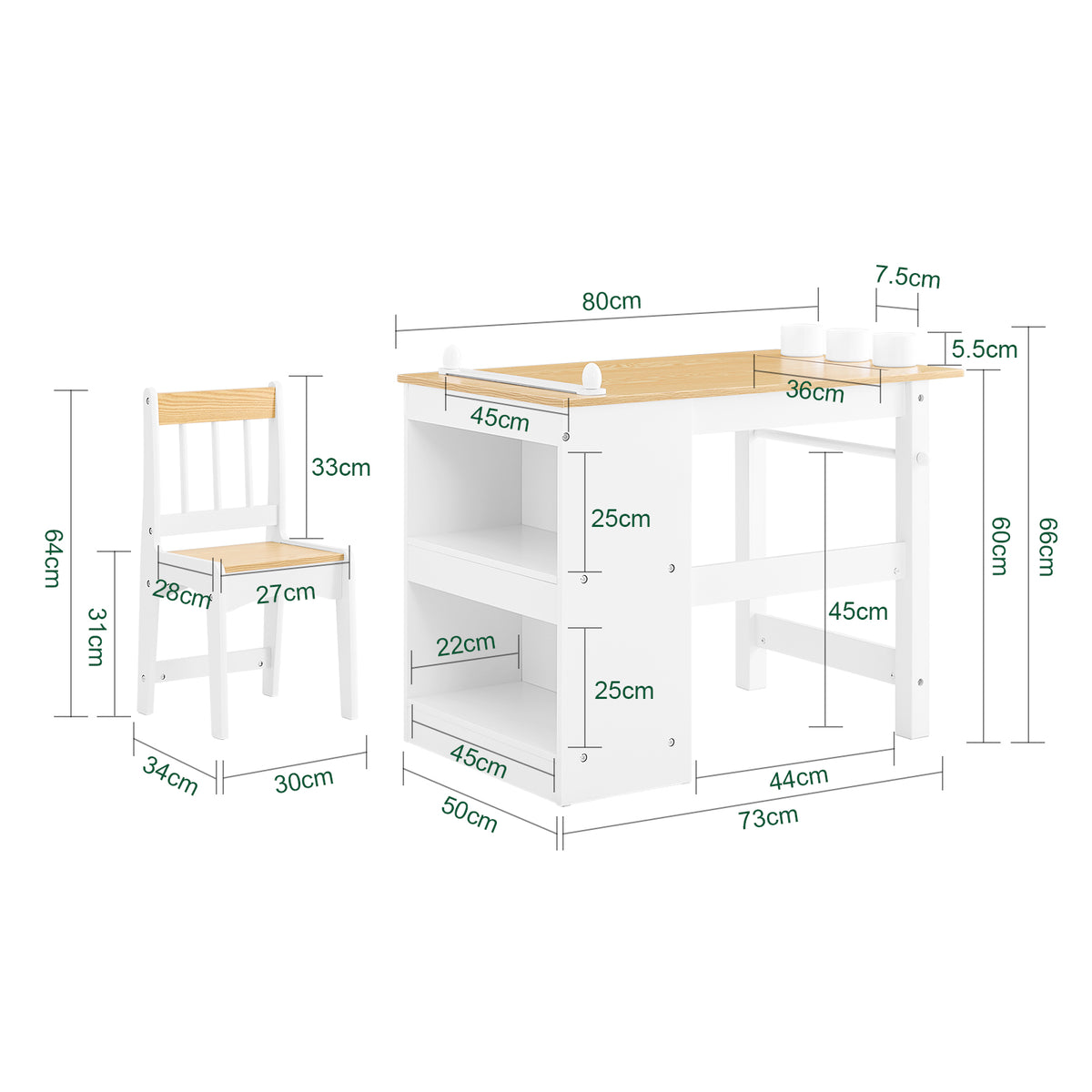 SoBuy KMB60-WN, Kids Desk and Chair Set Kids Study Table and Chair Set with 2 Storage Shelves and Paper Roll Holder Children's Desks for Drawing Arts and Crafts White and Natural 80x50x66cm