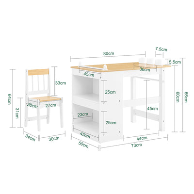 SoBuy KMB60-WN, Kids Desk and Chair Set Kids Study Table and Chair Set with 2 Storage Shelves and Paper Roll Holder Children's Desks for Drawing Arts and Crafts White and Natural 80x50x66cm