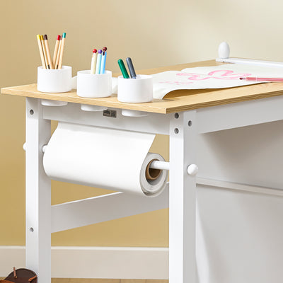 SoBuy KMB60-WN, Kids Desk and Chair Set Kids Study Table and Chair Set with 2 Storage Shelves and Paper Roll Holder Children's Desks for Drawing Arts and Crafts White and Natural 80x50x66cm