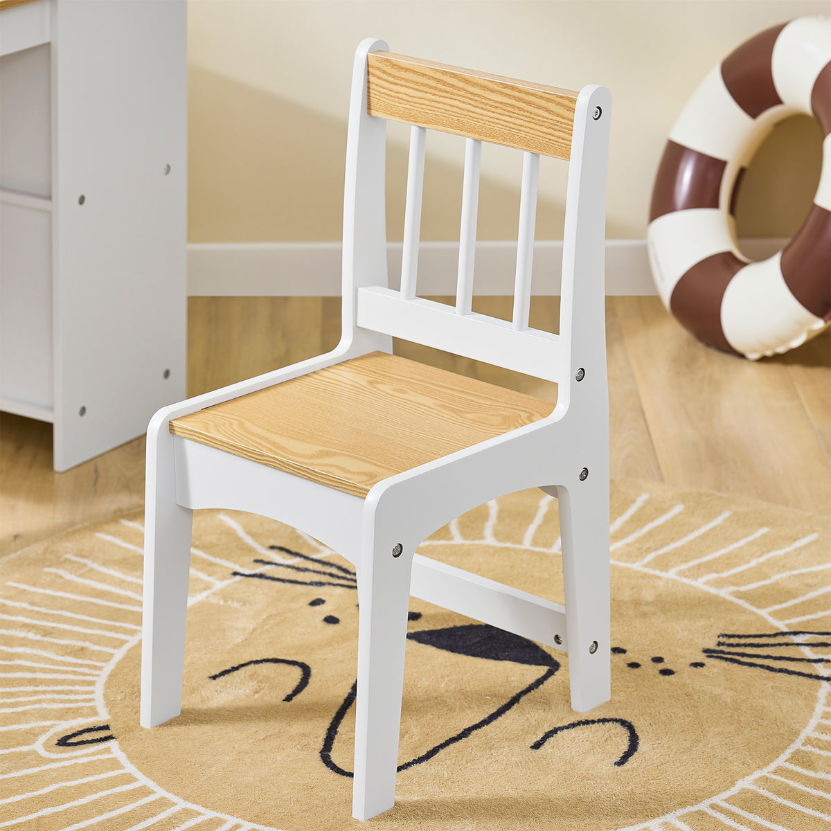 SoBuy KMB60-WN, Kids Desk and Chair Set Kids Study Table and Chair Set with 2 Storage Shelves and Paper Roll Holder Children's Desks for Drawing Arts and Crafts White and Natural 80x50x66cm