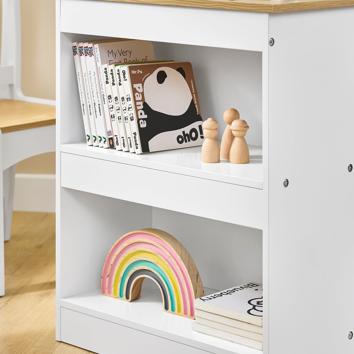 SoBuy KMB60-WN, Kids Desk and Chair Set Kids Study Table and Chair Set with 2 Storage Shelves and Paper Roll Holder Children's Desks for Drawing Arts and Crafts White and Natural 80x50x66cm