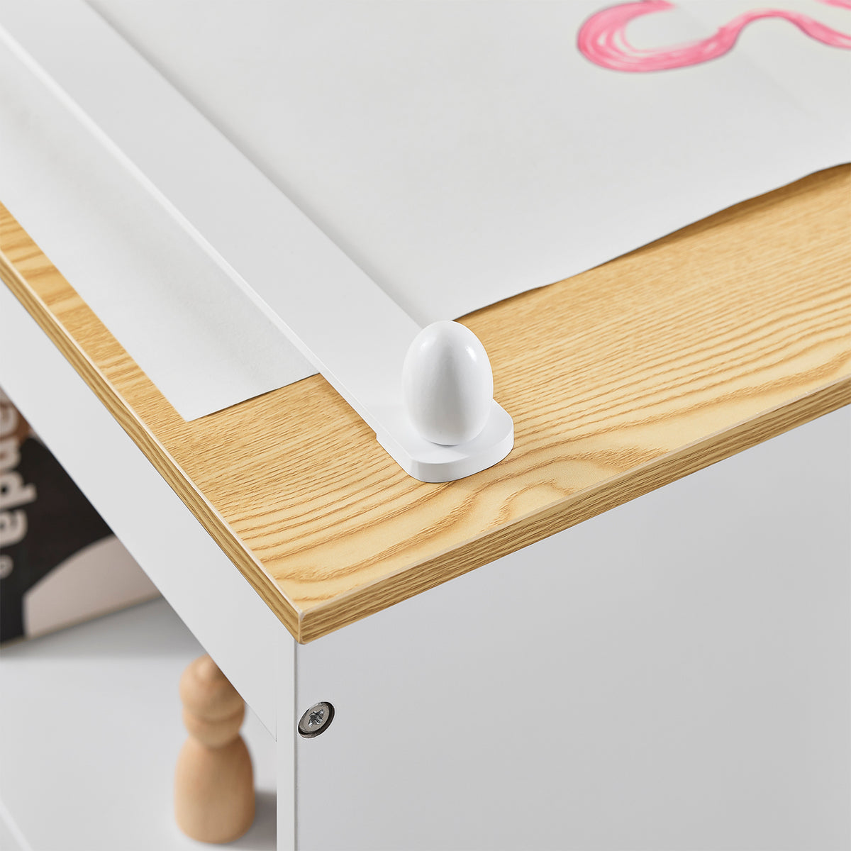 SoBuy KMB60-WN, Kids Desk and Chair Set Kids Study Table and Chair Set with 2 Storage Shelves and Paper Roll Holder Children's Desks for Drawing Arts and Crafts White and Natural 80x50x66cm