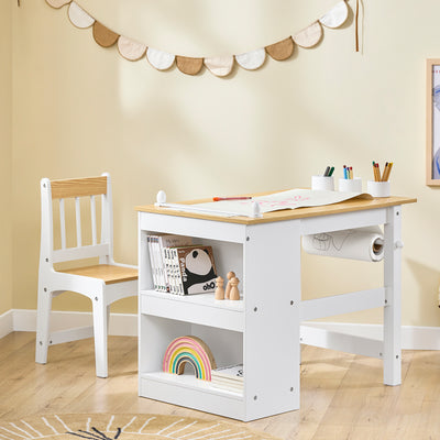 SoBuy KMB60-WN, Kids Desk and Chair Set Kids Study Table and Chair Set with 2 Storage Shelves and Paper Roll Holder Children's Desks for Drawing Arts and Crafts White and Natural 80x50x66cm
