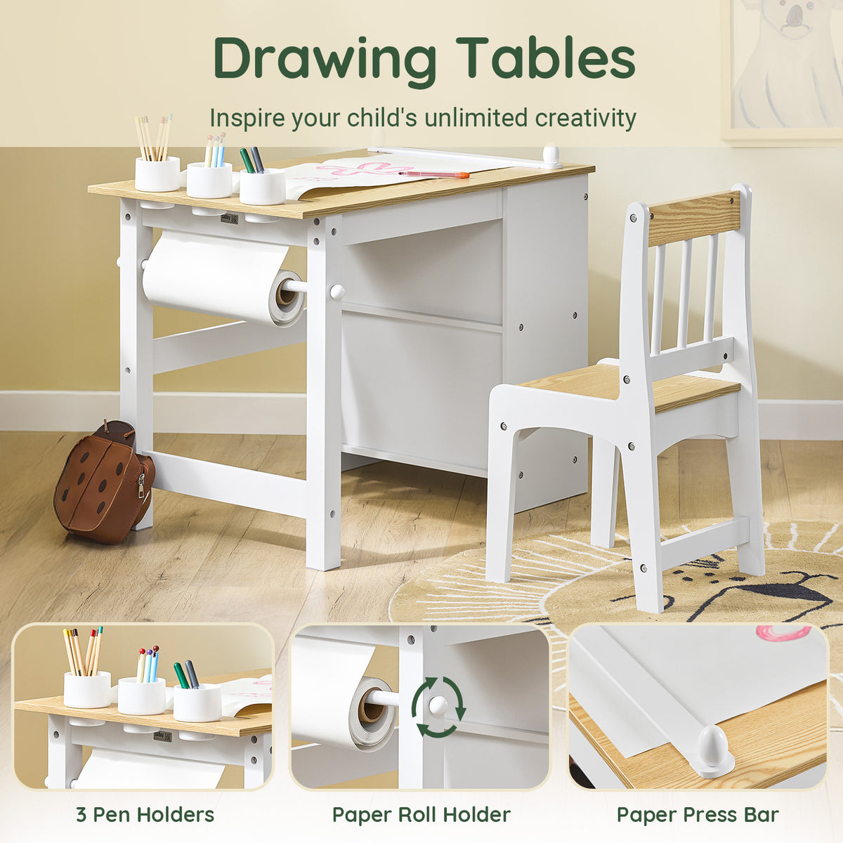 SoBuy KMB60-WN, Kids Desk and Chair Set Kids Study Table and Chair Set with 2 Storage Shelves and Paper Roll Holder Children's Desks for Drawing Arts and Crafts White and Natural 80x50x66cm