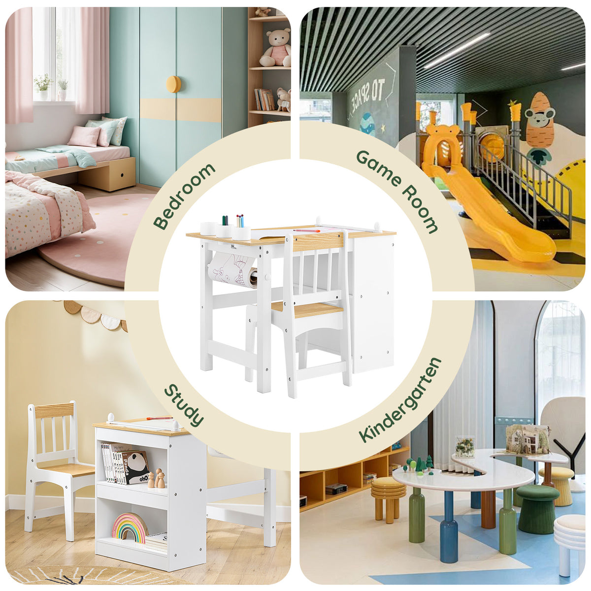 SoBuy KMB60-WN, Kids Desk and Chair Set Kids Study Table and Chair Set with 2 Storage Shelves and Paper Roll Holder Children's Desks for Drawing Arts and Crafts White and Natural 80x50x66cm