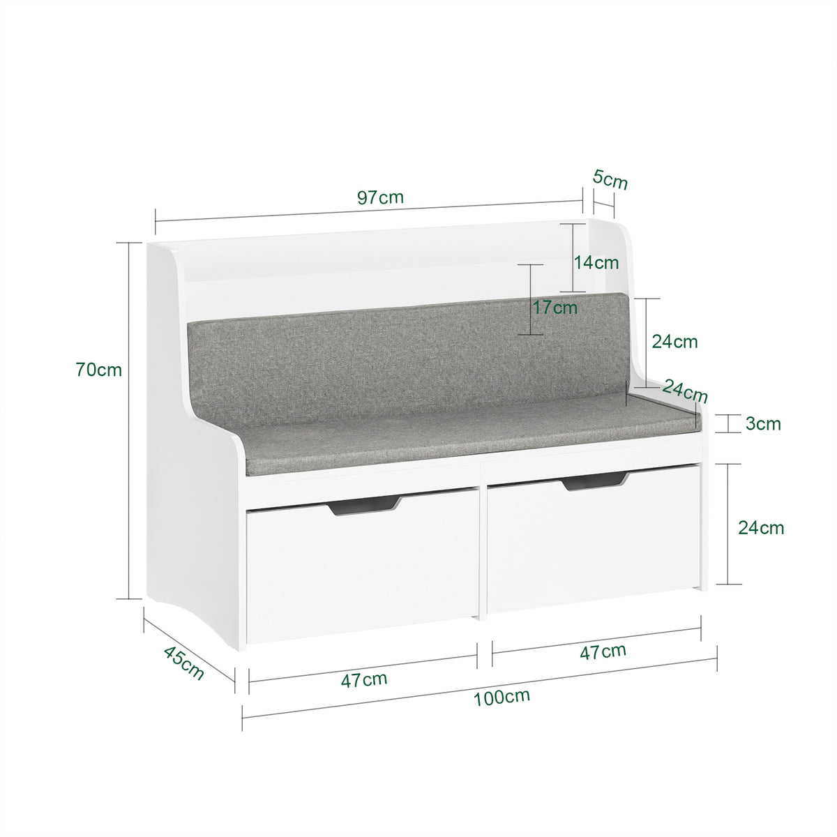 SoBuy KMB66-W, Children Kids Bench with Backrest, Seat Cushion and Mobile Storage Chests, White