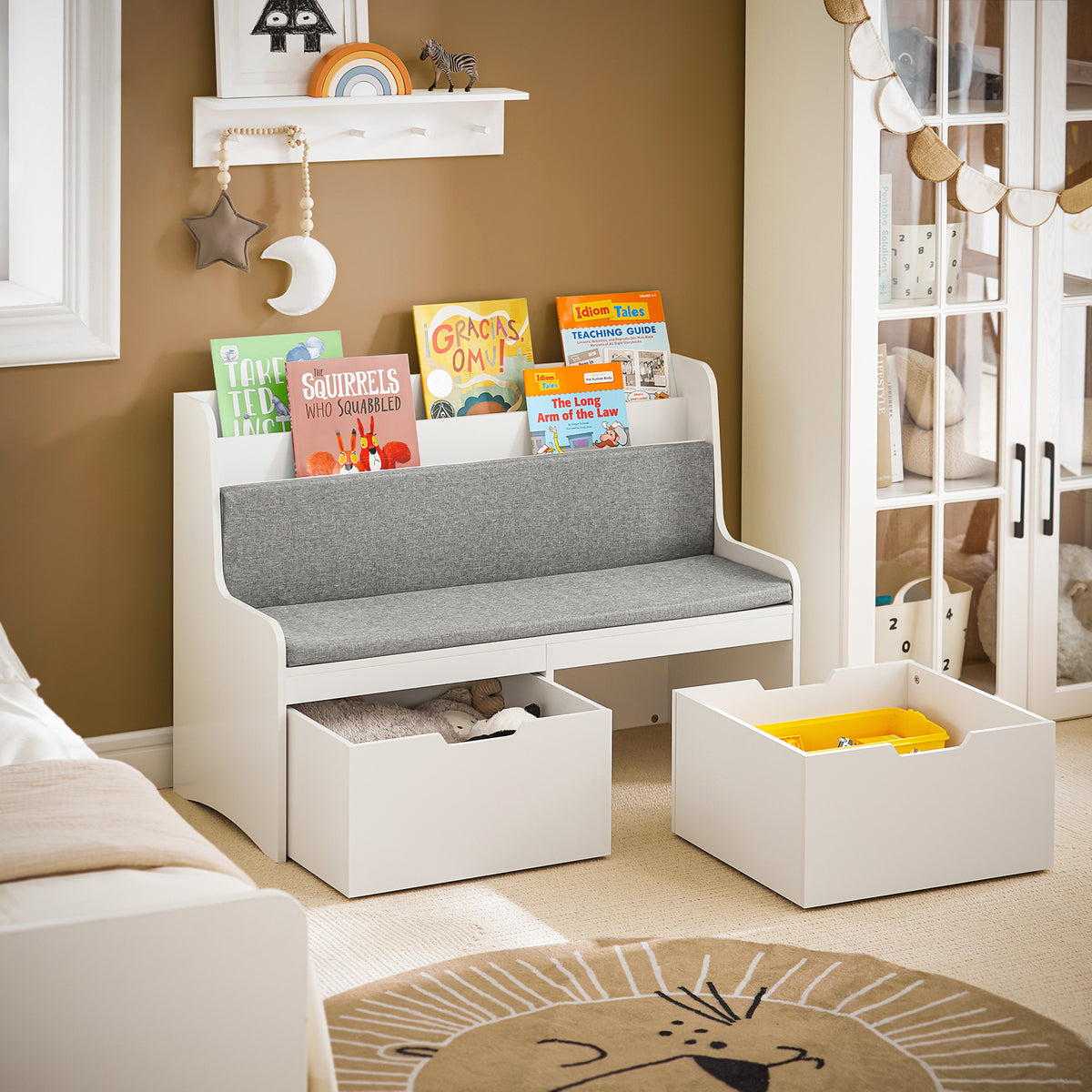 SoBuy KMB66-W, Children Kids Bench with Backrest, Seat Cushion and Mobile Storage Chests, White