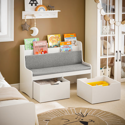 SoBuy KMB66-W, Children Kids Bench with Backrest, Seat Cushion and Mobile Storage Chests, White