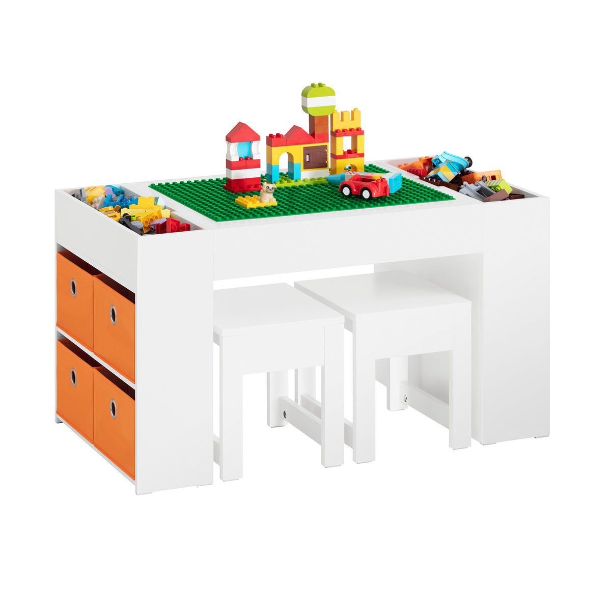 SoBuy KMB75-W, Kids Table and 2 Chairs Set Children's Play Table and Chair Set with Double-Sided Tabletop and 8 Storage Boxes Activity and Study Desk for Kids White 87x50x50 cm