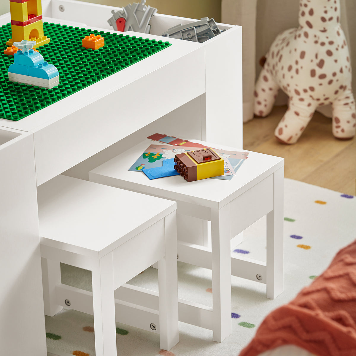 SoBuy KMB75-W, Kids Table and 2 Chairs Set Children's Play Table and Chair Set with Double-Sided Tabletop and 8 Storage Boxes Activity and Study Desk for Kids White 87x50x50 cm