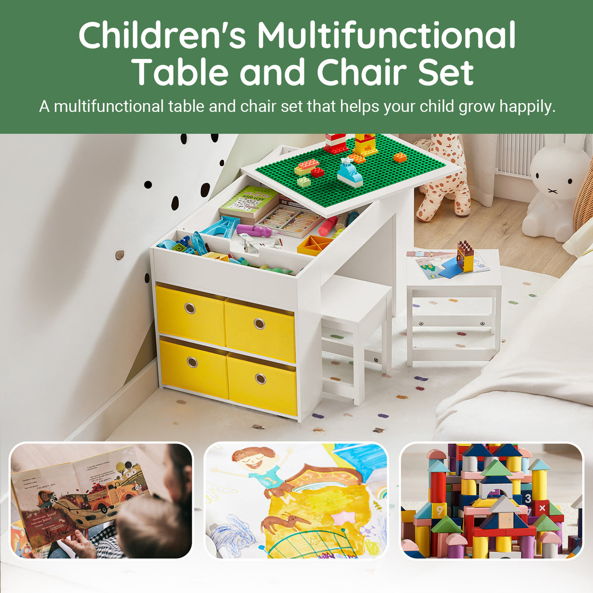 SoBuy KMB75-W, Kids Table and 2 Chairs Set Children's Play Table and Chair Set with Double-Sided Tabletop and 8 Storage Boxes Activity and Study Desk for Kids White 87x50x50 cm