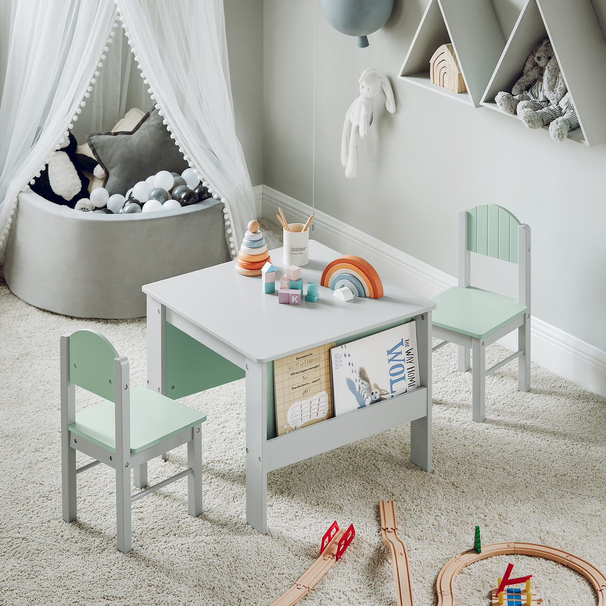 SoBuy KMB88-HG, Children Table and 2 Chairs with Storage, Children Kids Desk Table Chair Set, Grey