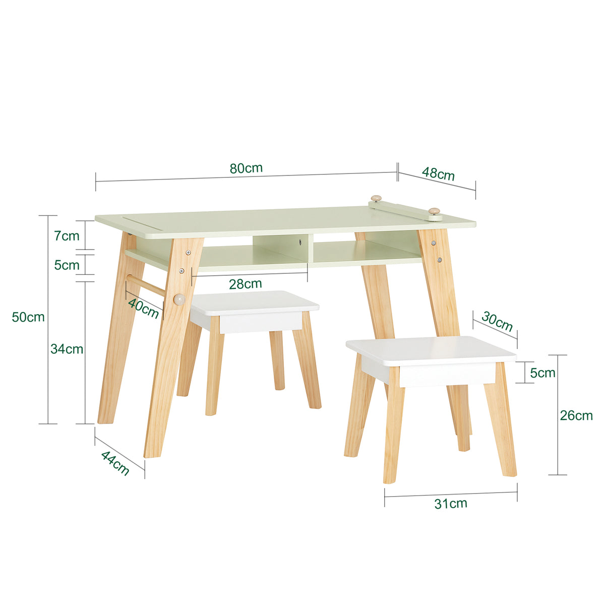 SoBuy KMB92-GR, Children Table and 2 Stools Set, Art Table with Storage Shelves and Paper Roll Holder, Children Kids Table Set, Green