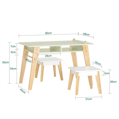 SoBuy KMB92-GR, Children Table and 2 Stools Set, Art Table with Storage Shelves and Paper Roll Holder, Children Kids Table Set, Green
