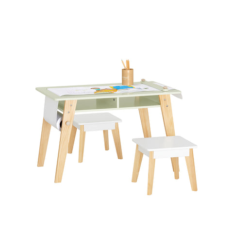 SoBuy KMB92-GR, Children Table and 2 Stools Set, Art Table with Storage Shelves and Paper Roll Holder, Children Kids Table Set
