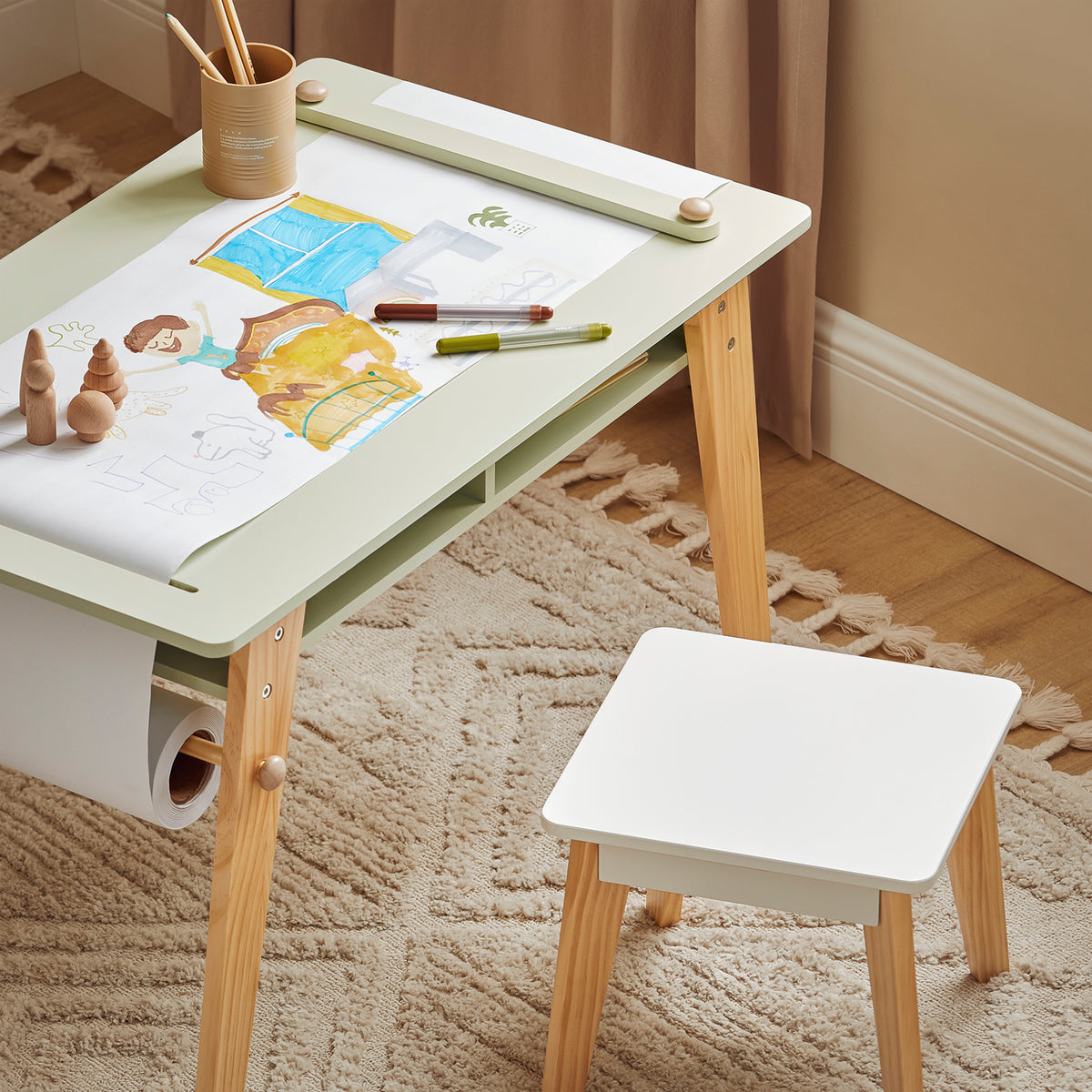 SoBuy KMB92-GR, Children Table and 2 Stools Set, Art Table with Storage Shelves and Paper Roll Holder, Children Kids Table Set, Green
