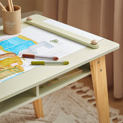 SoBuy KMB92-GR, Children Table and 2 Stools Set, Art Table with Storage Shelves and Paper Roll Holder, Children Kids Table Set, Green