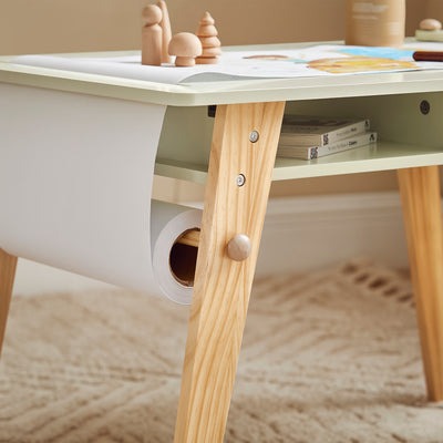 SoBuy KMB92-GR, Children Table and 2 Stools Set, Art Table with Storage Shelves and Paper Roll Holder, Children Kids Table Set, Green