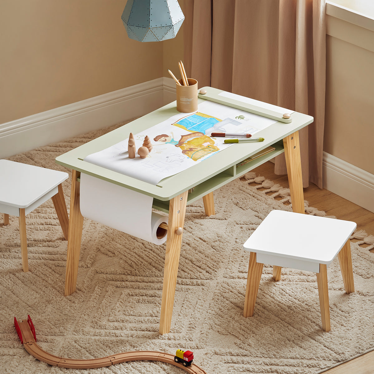 SoBuy KMB92-GR, Children Table and 2 Stools Set, Art Table with Storage Shelves and Paper Roll Holder, Children Kids Table Set, Green