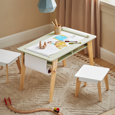 SoBuy KMB92-GR, Children Table and 2 Stools Set, Art Table with Storage Shelves and Paper Roll Holder, Children Kids Table Set, Green