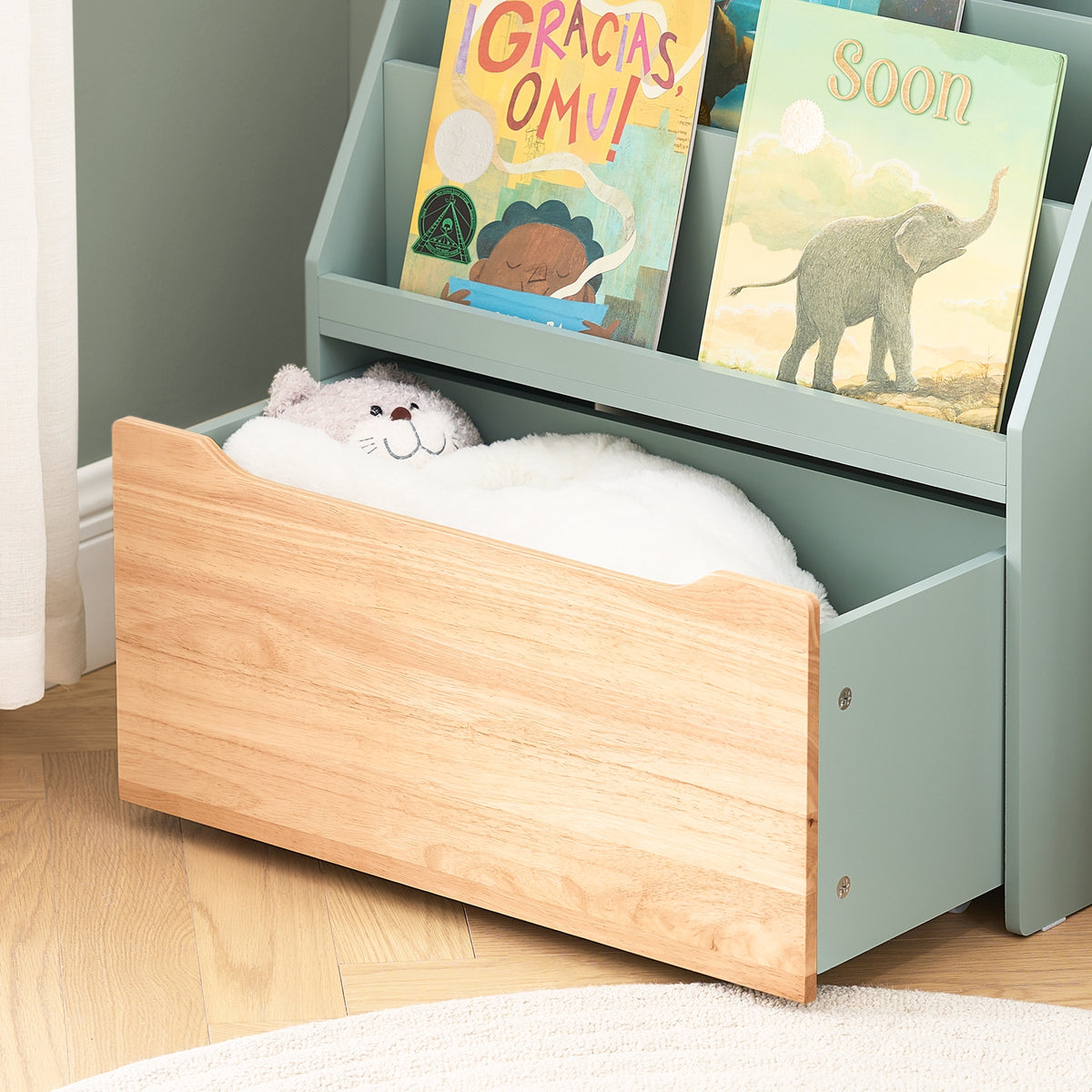 SoBuy KMB95-GR, Children Kids Bookcase Bookshelf Toy Shelf with Storage Chest on Wheels, Green