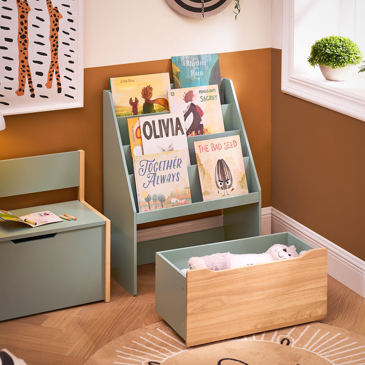 SoBuy KMB95-GR, Children Kids Bookcase Bookshelf Toy Shelf with Storage Chest on Wheels, Green