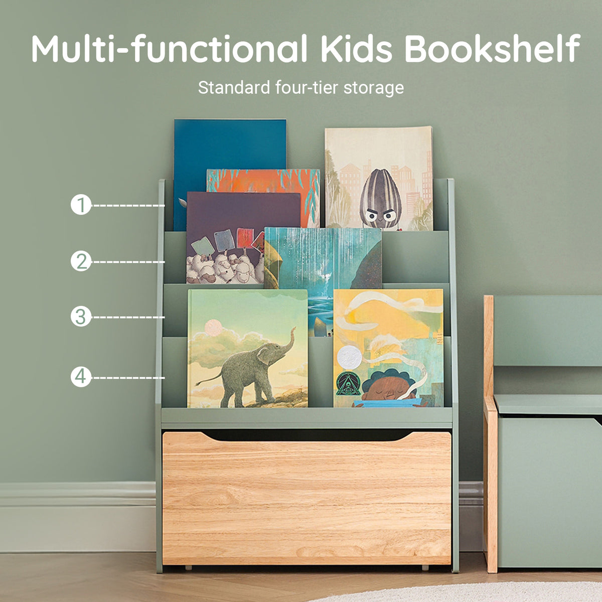 SoBuy KMB95-GR, Children Kids Bookcase Bookshelf Toy Shelf with Storage Chest on Wheels, Green