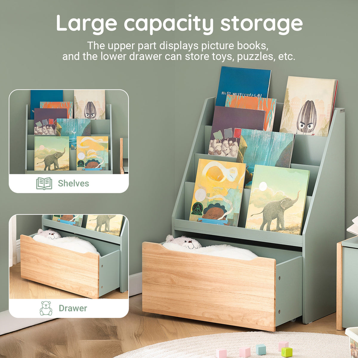 SoBuy KMB95-GR, Children Kids Bookcase Bookshelf Toy Shelf with Storage Chest on Wheels, Green