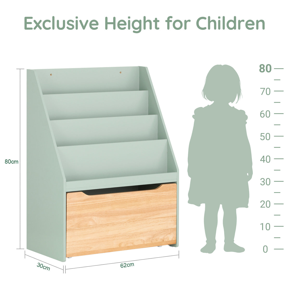 SoBuy KMB95-GR, Children Kids Bookcase Bookshelf Toy Shelf with Storage Chest on Wheels, Green