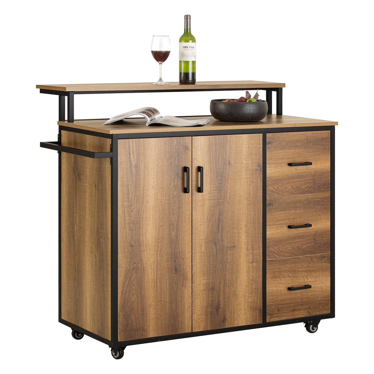SoBuy KNL02-PF, Design Bar Cabinet on Wheels, Kitchen Storage Trolley Kitchen Island Kitchen Cabinet Sideboard Vintage, Brown,black