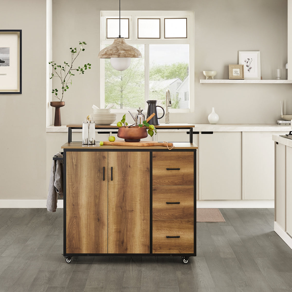 SoBuy KNL02-PF, Design Bar Cabinet on Wheels, Kitchen Storage Trolley Kitchen Island Kitchen Cabinet Sideboard Vintage, Brown,black