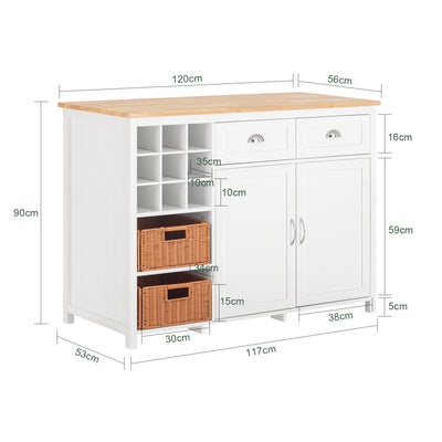 SoBuy KNL05-W Kitchen Island with Rubber Wood Worktop, Wine Rack & Storage – White Kitchen Cabinet Sideboard Bar Table