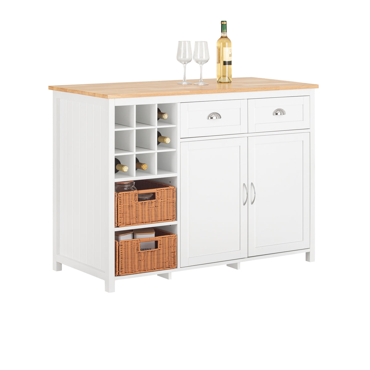 SoBuy KNL05-W Kitchen Island with Rubber Wood Worktop, Wine Rack & Storage – White Kitchen Cabinet Sideboard Bar Table